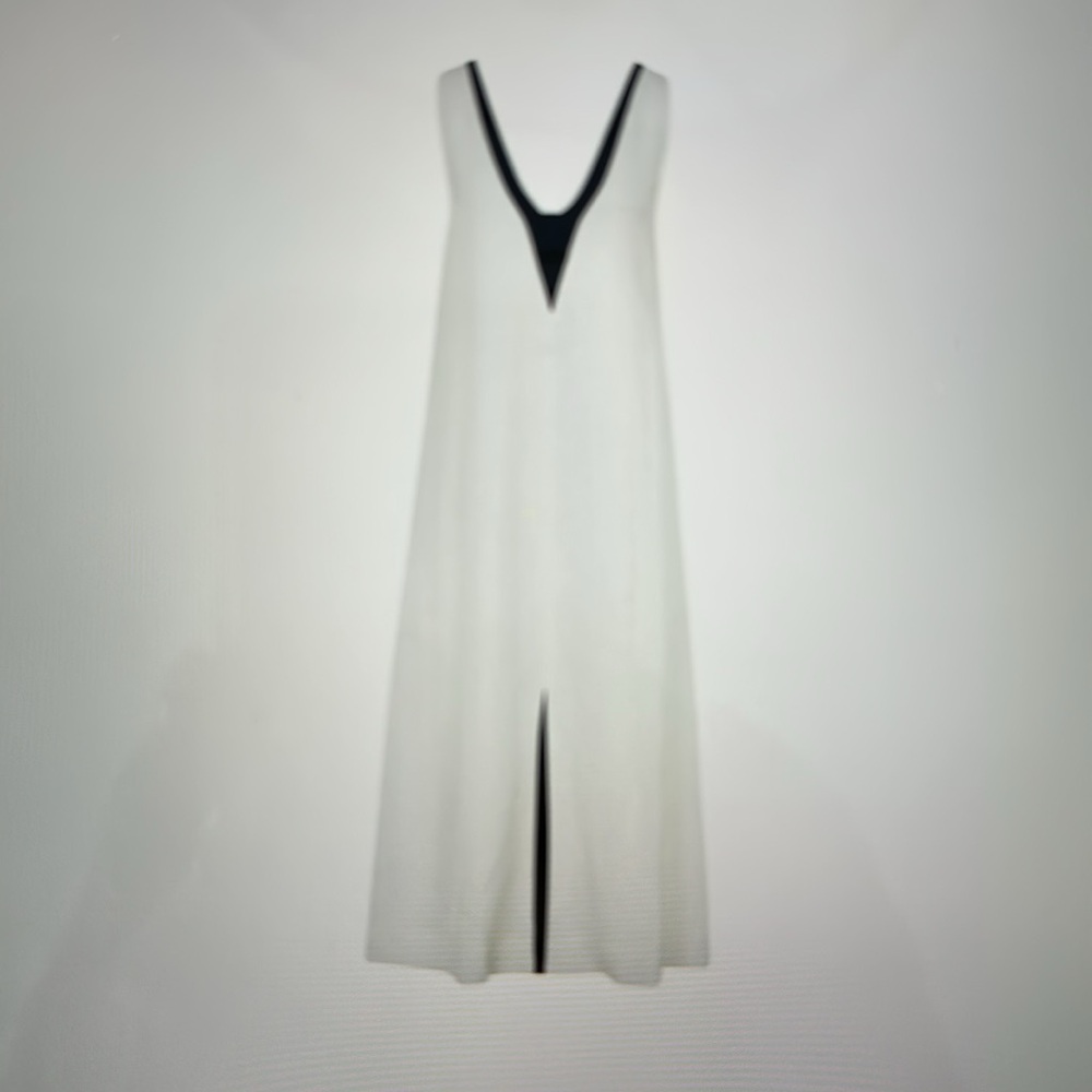 Reiss White Linen Midi Dress Contrast Navy Trim Deep V | US 2 - Picture 3 of 7